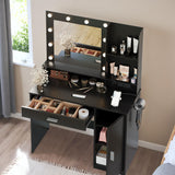 Desk with LED Lighted Mirror, Makeup Table with Hairdryer Holder and Power Outlet,