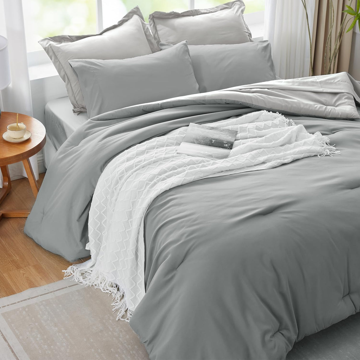 Gray Comforter Set Queen Reversible Bedding Set, 7 Pieces Soft Bed in a Bag Queen