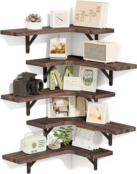 Corner Floating Shelves, Wall Mounted Corner Shelf Set of 5, Rustic Wood Wall Shelves