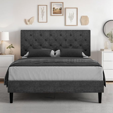 King Size Bed Frame and Headboard, Upholstered Bed Frame King Linen Fabric