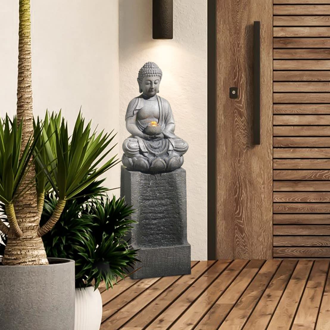 35 Inch Buddha Outdoor Water Fountain, Resin Meditating Buddha Outdoor Fountain