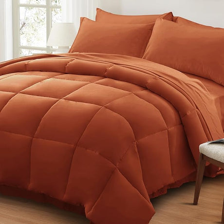 Queen Comforter Set 7 Piece, Burnt Orange Bed in a Bag with Sheets, Comforters Queen Size Bedding Sets with 1 Comforter,