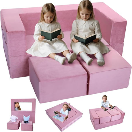 Modular Kids Play Couch Sofa – Pink Convertible Toddler Couch, Fold-Out Plush Foam Chair for Children’s Playroom