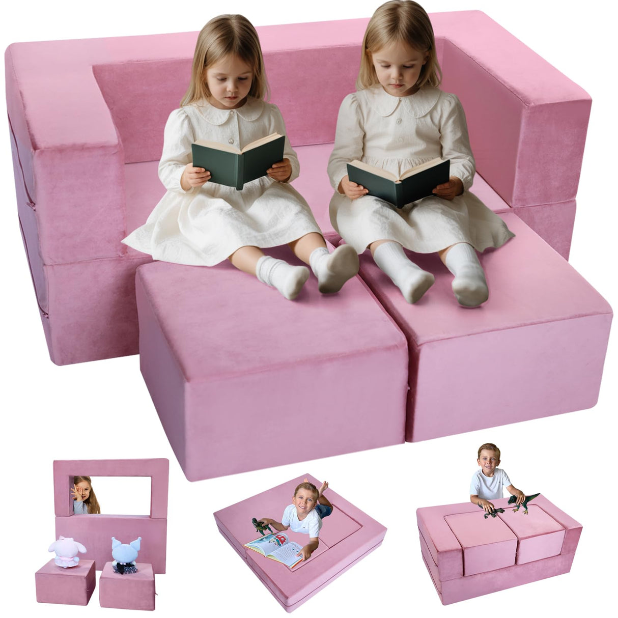 Modular Kids Play Couch Sofa – Pink Convertible Toddler Couch, Fold-Out Plush Foam Chair for Children’s Playroom