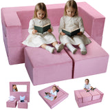 Modular Kids Play Couch Sofa – Pink Convertible Toddler Couch, Fold-Out Plush Foam Chair for Children’s Playroom