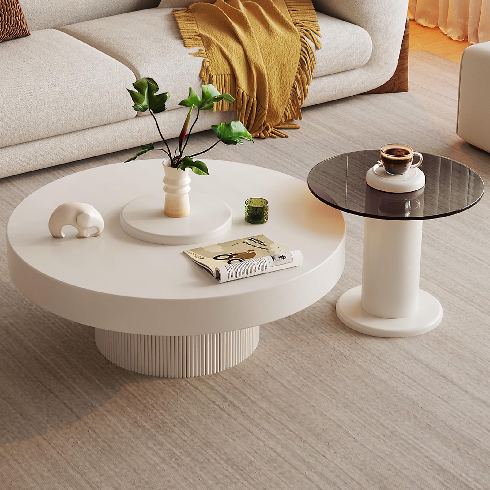 Modern Round Coffee Table Set of 2 Small End Table Tempered
