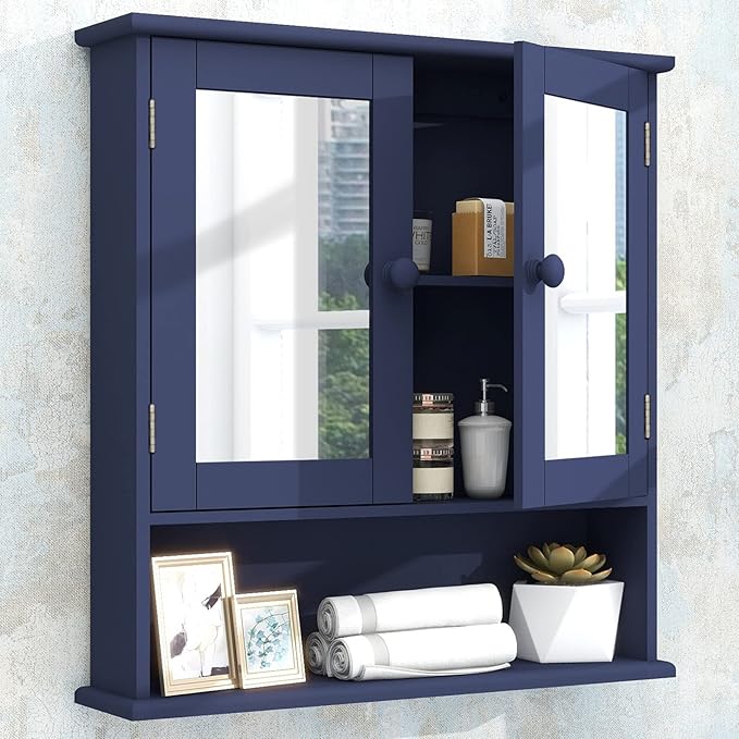 Black Medicine Cabinet, 2 Doors 3 Open Shelf, Wall Mounted Wooden Storage Cabinet