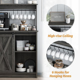 Farmhouse Coffee Bar Cabinet with Storage, Gray Coffee Bar with 6 Hooks