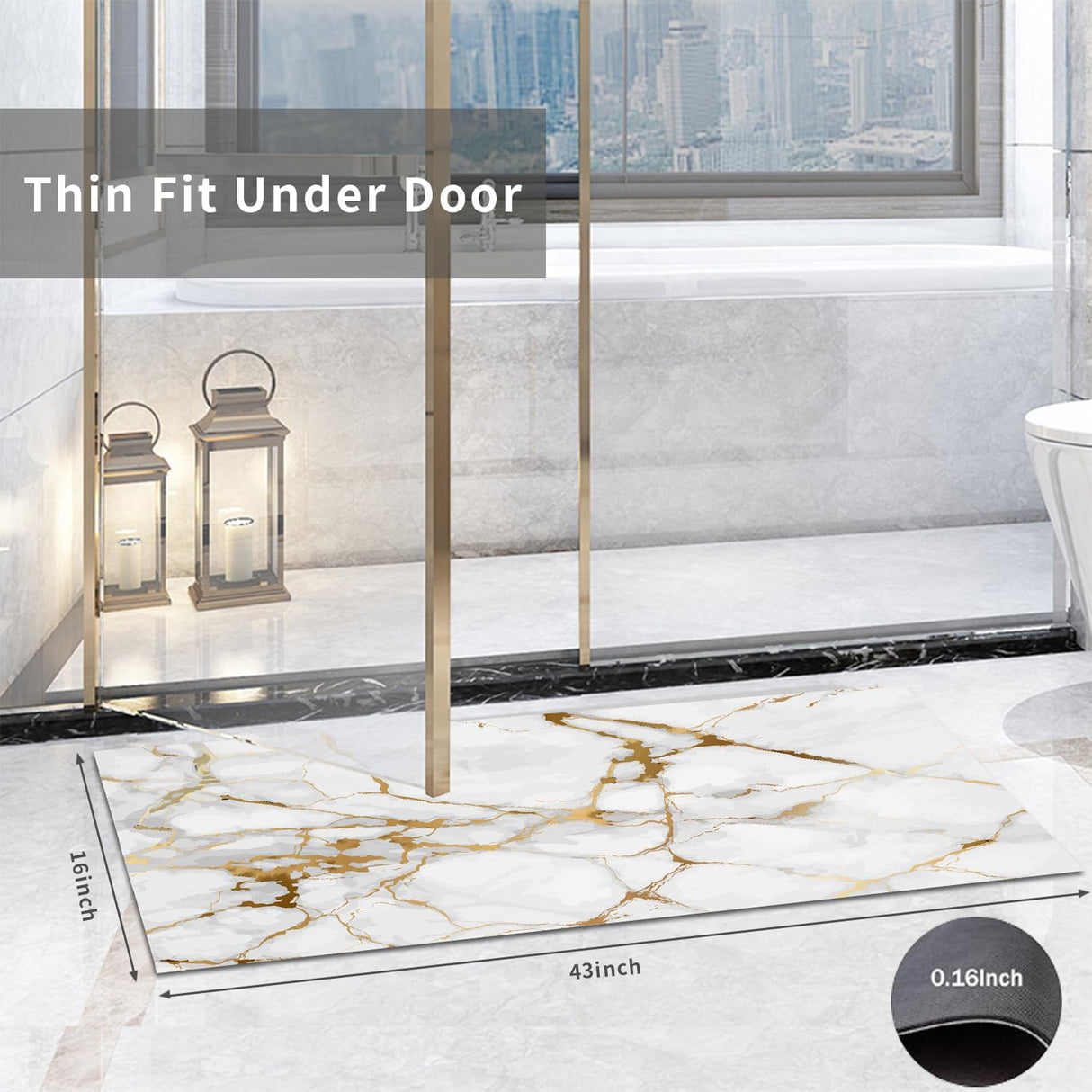 Long Gold White Marble Bath Mat,Non Slip Super Absorbent Quick Drying Bathroom Runner Rug for Floor Bathroom Bedroom Kitchen with Rubber Backing Thin Bathroom Runner