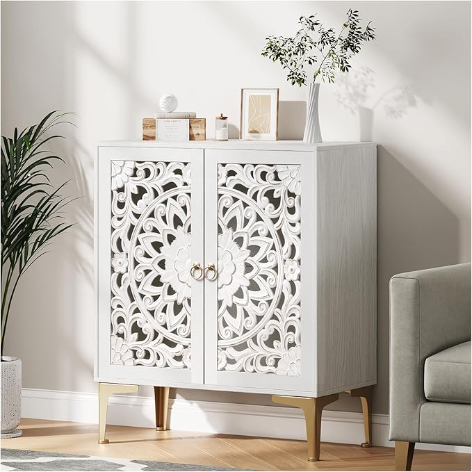 Vintage White Accent Cabinet with Carved Doors & Gold Legs – Decorative Storage Sideboard