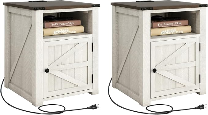 End Table with Charging Station, 18'' Rustic Wood Nightstand with Barn Door