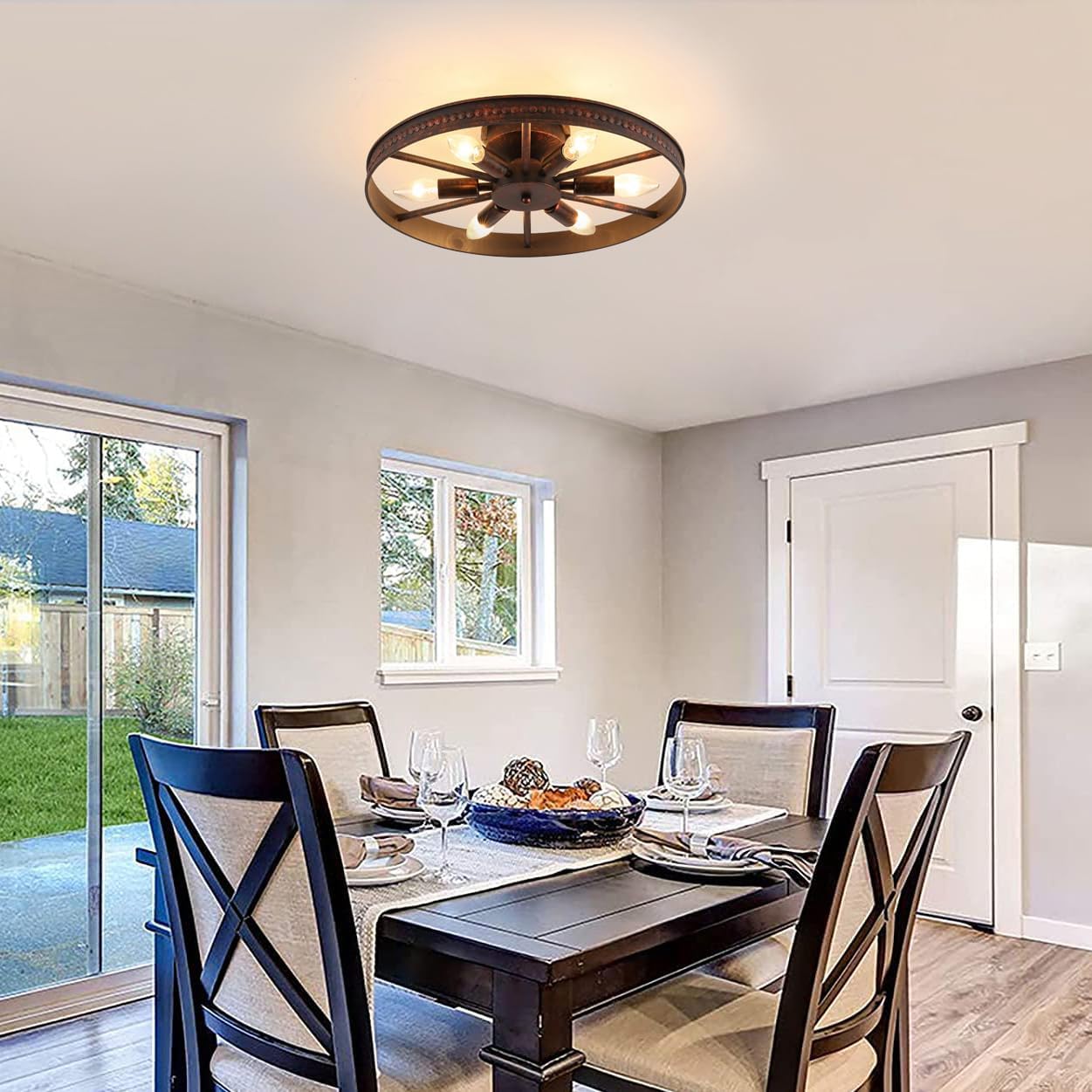 Farmhouse Round Semi Flush Mount Ceiling Light - Red Rust Finish - 6 Light