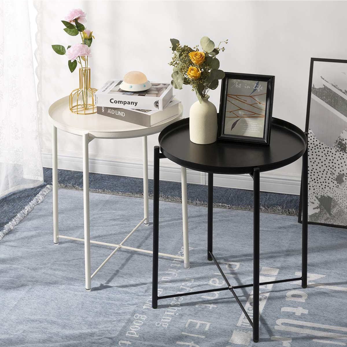 White End Table, Outdoor White Side Table for Small Spaces Accent Patio Side Table Round