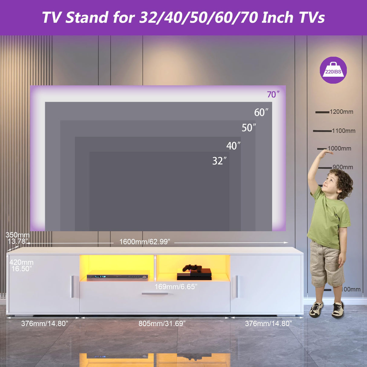 White LED TV Stand for 75 Inch TV, High Gloss Gaming Entertainment Center