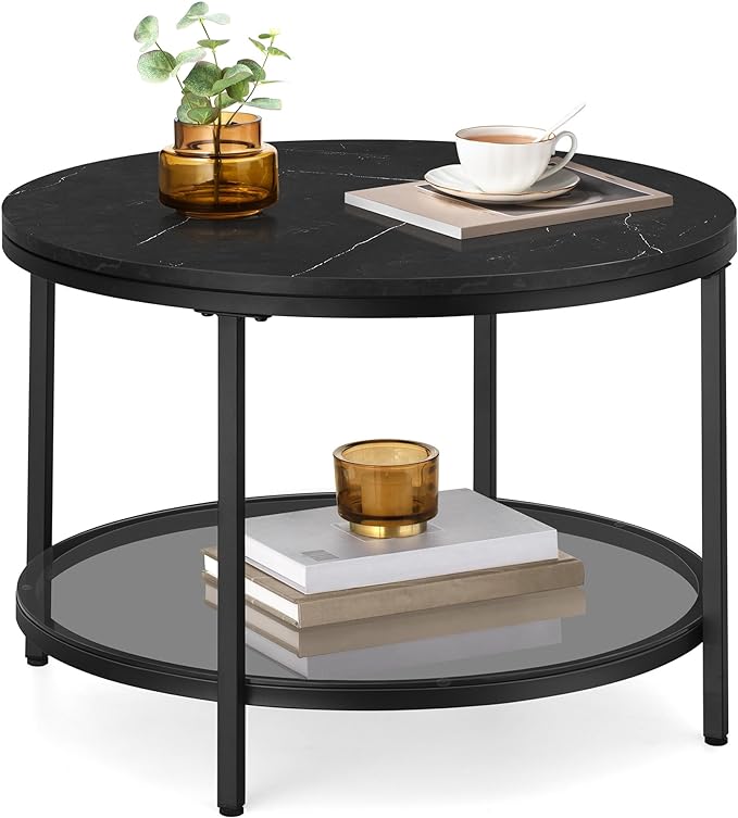 Round Coffee Table, Small Coffee Table with Faux Marble Top and Glass Storage Shelf