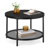 Round Coffee Table, Small Coffee Table with Faux Marble Top and Glass Storage Shelf