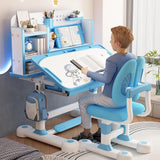 Functional Desk and Chair Set, Study Desk for Children with Chair, Kids Desk and Chair Set,Height Adjustable Children School Study Desk with Storage Drawer for Boys Girls (Blue E)