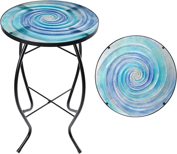 Outdoor Side Table - Small Mosaic Patio Table, 14” Round Accent End Coffee Table