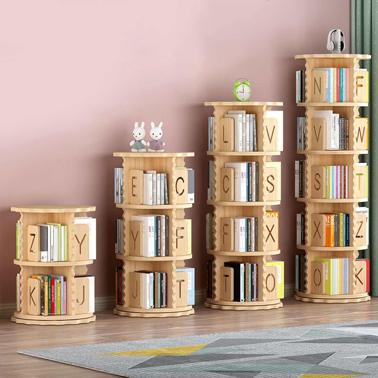 FZYUAN 360° Round Rotating Bookshelf Solid Wood Rotating Bookcase for Kids & Adults Floor Standing Bookcase Corner Shelf Bookshelf Book Organizer for Study Room Living Room Classroom,3 Tier