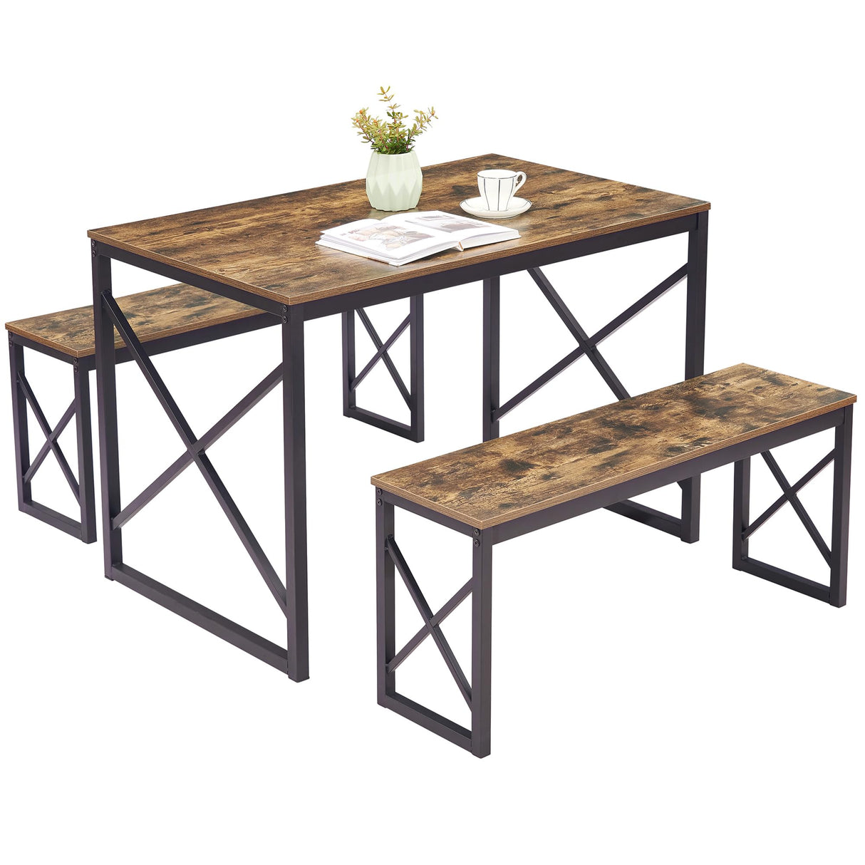 Kitchen Table with 2 Benches for 4, 43.3'' Wood Dining Room Dinette Sets