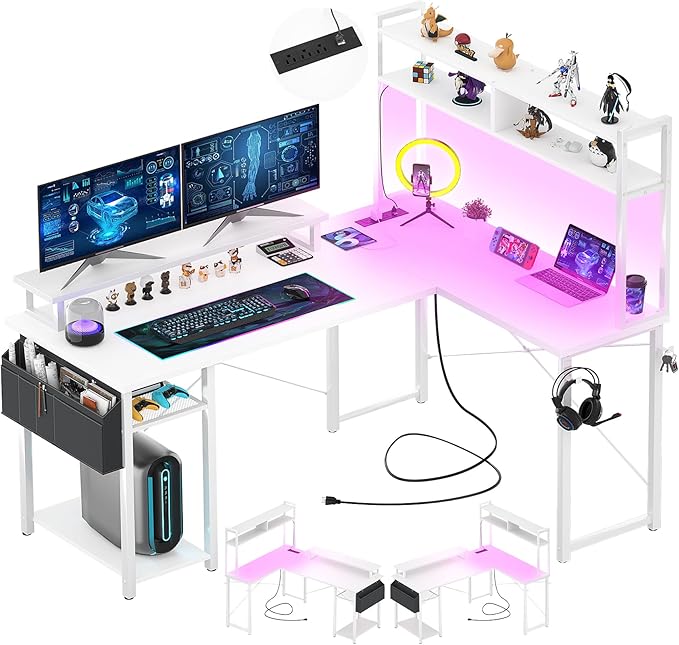 Small L Shaped Gaming Desk with LED Lights & Power Outlets, Reversible L-Shaped Computer Desk with Monitor Stand & Storage Shelf, Corner Desks Home Office Desk with Storage Bag, Rustic Brown