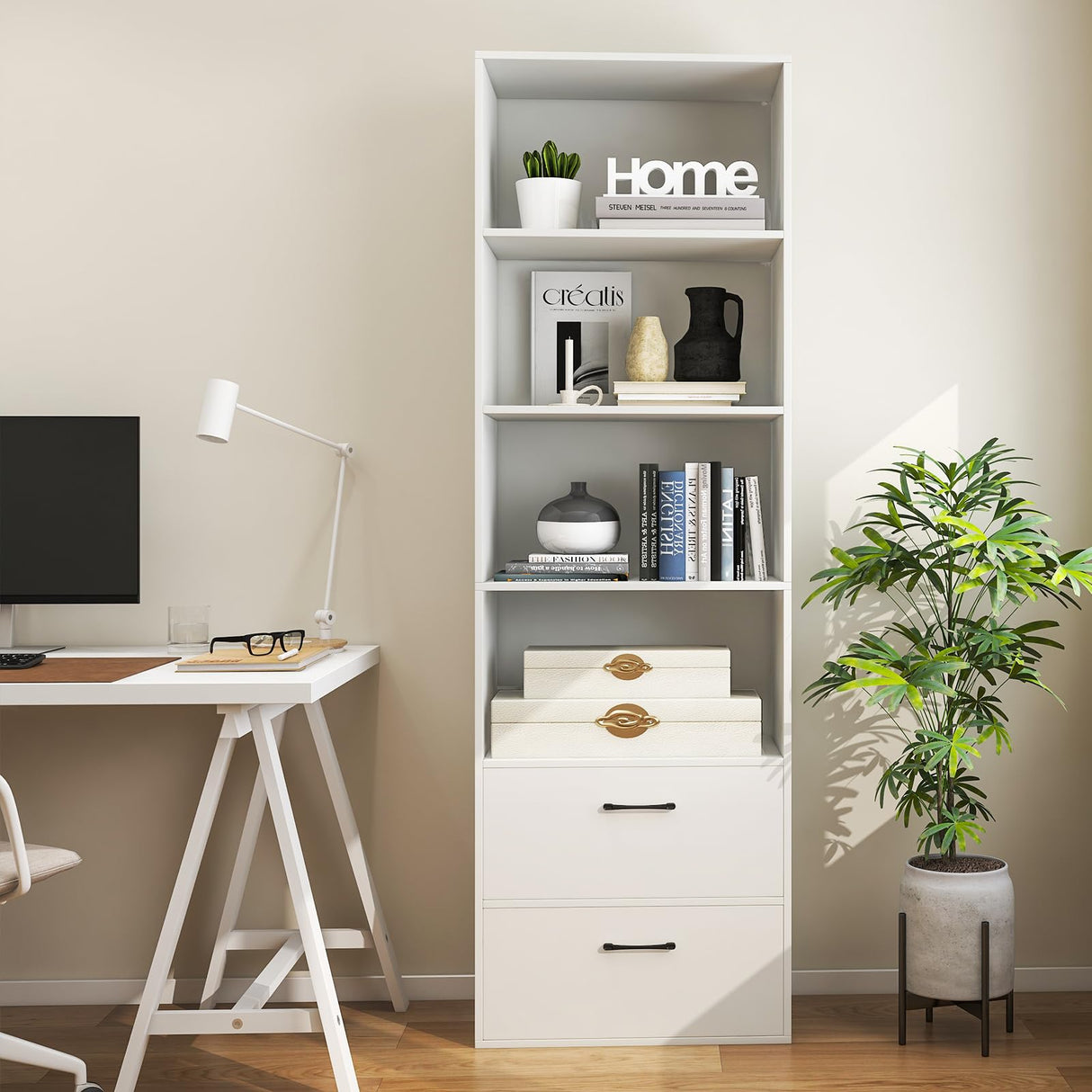 Bookcase with Drawers, Tall Bookshelves and Bookcases, Vertical Bookshelf Tower, Wood