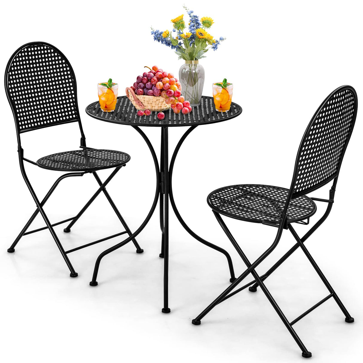 3 Pieces Patio Bistro Set, Metal Table and Folding Chair Set for 2