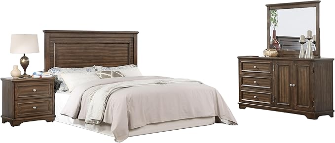 4 Pieces Vintage Wood Full Bed Set in Brushed Walnut