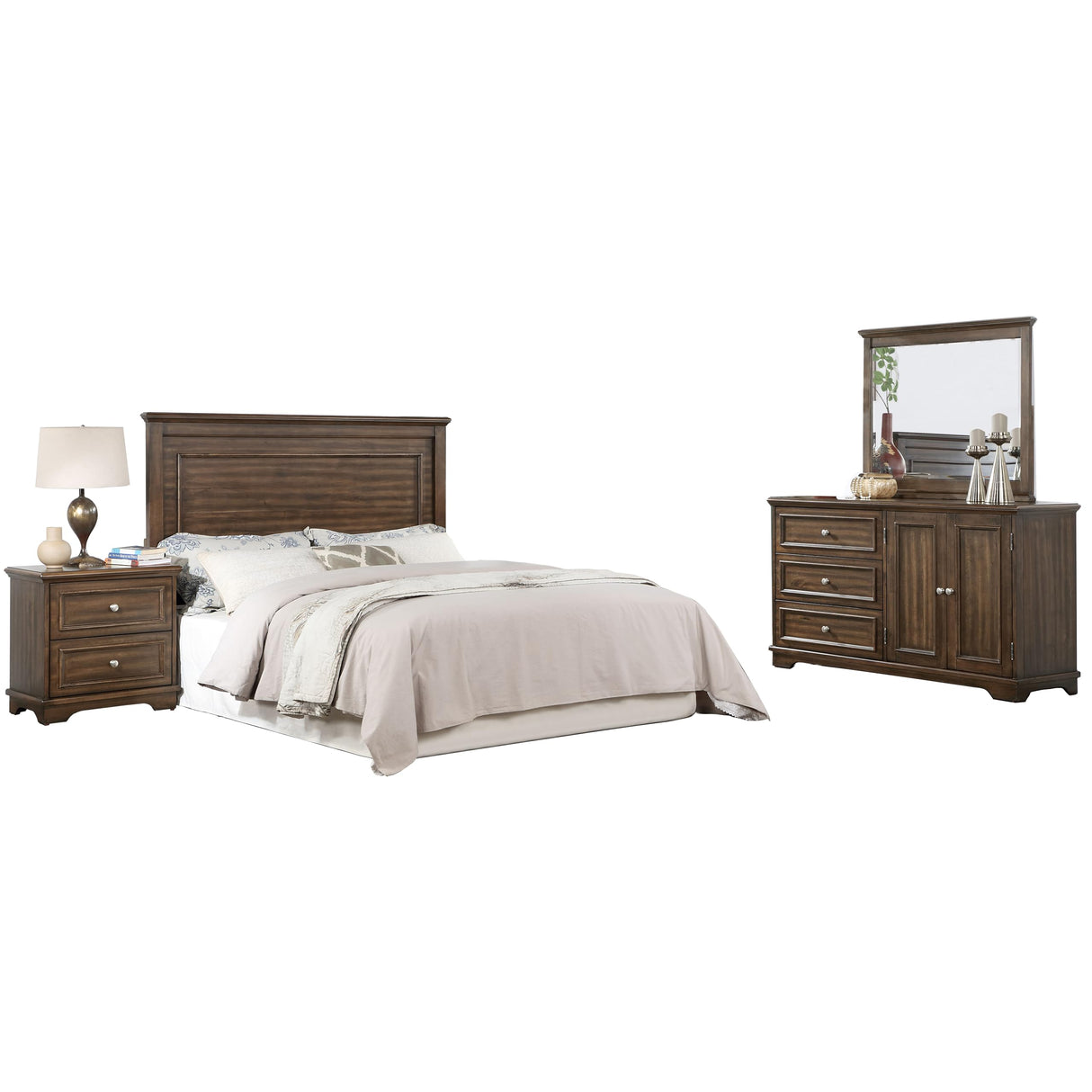 4 Pieces Vintage Wood Full Bed Set in Brushed Walnut