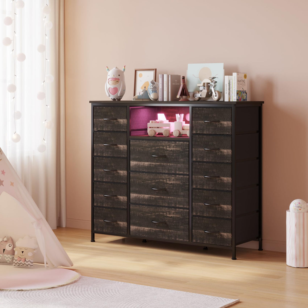 13 Drawers Dresser, Dressers with Fabric Drawers，Open Shelf