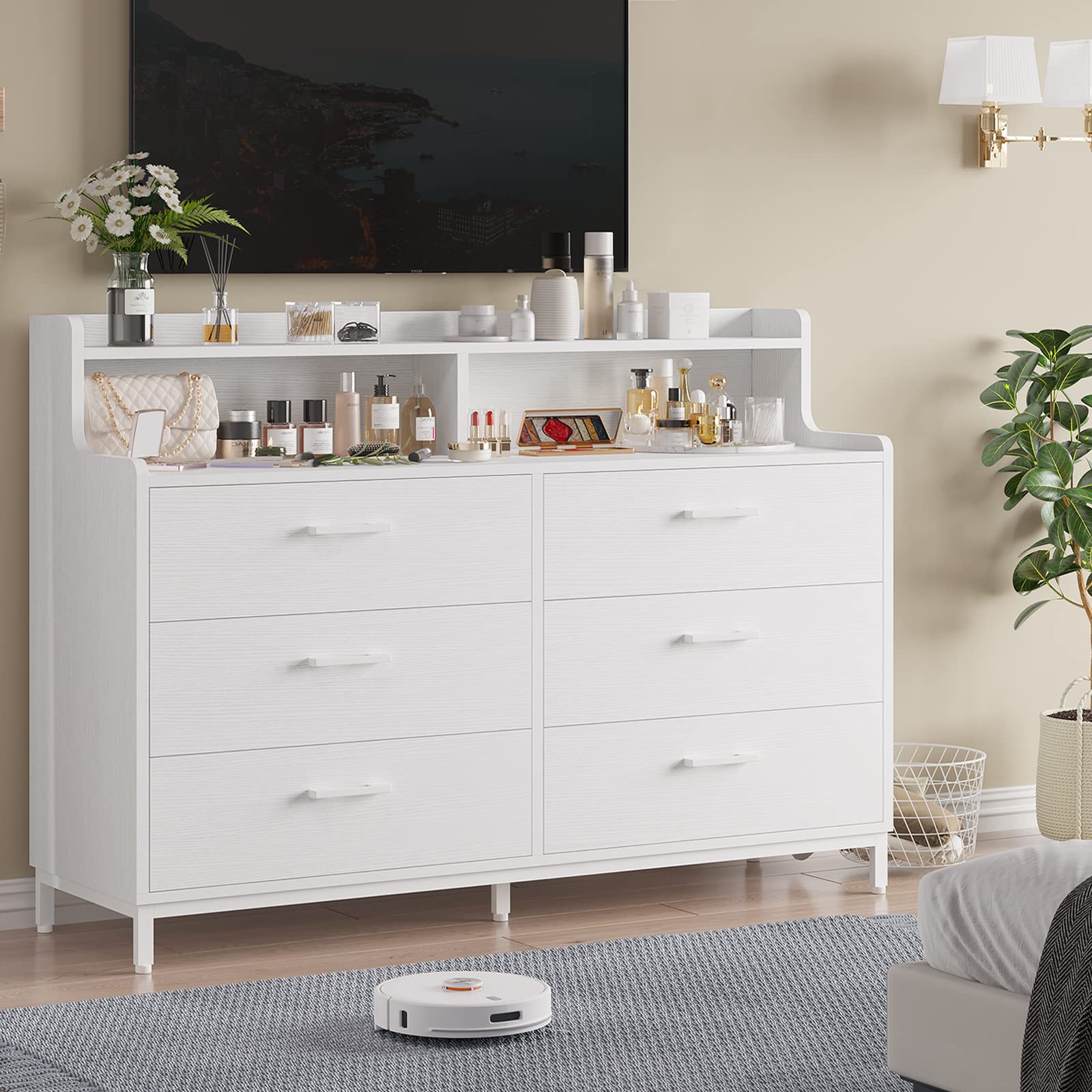 6 Drawers Double Dresser with Shelves, Large Wooden Storage Tower Organizer