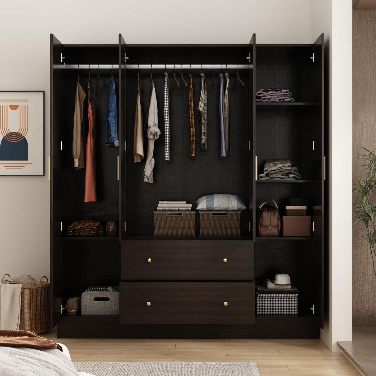 Dark Brown Wardrobe Armoire with Mirror, 5-Tier Shelves, 2 Drawers