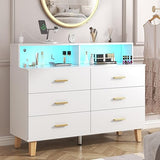 Dresser for Bedroom,White 6 Drawer Dresser with LED Light and Power Outlet