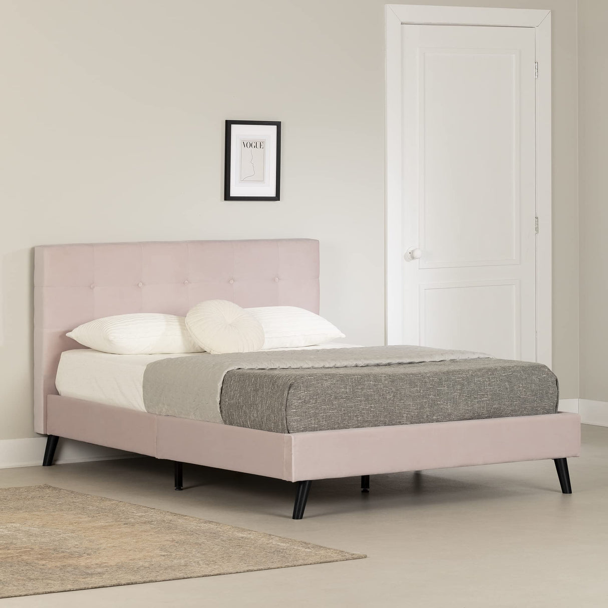 Maliza Upholstered Complete Platform Bed, Full, Pale Pink