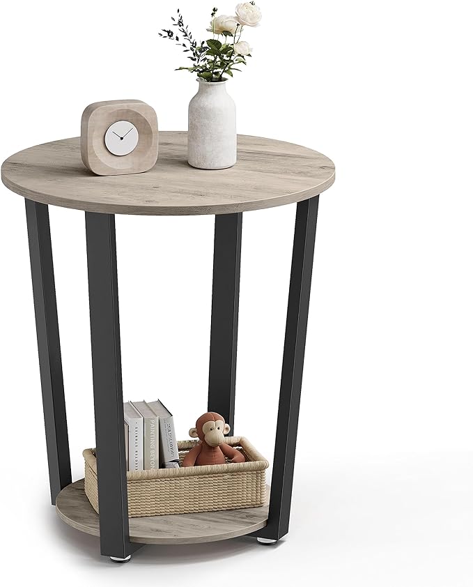 End Table, Round Side Table with Storage Shelf, Easy Assembly