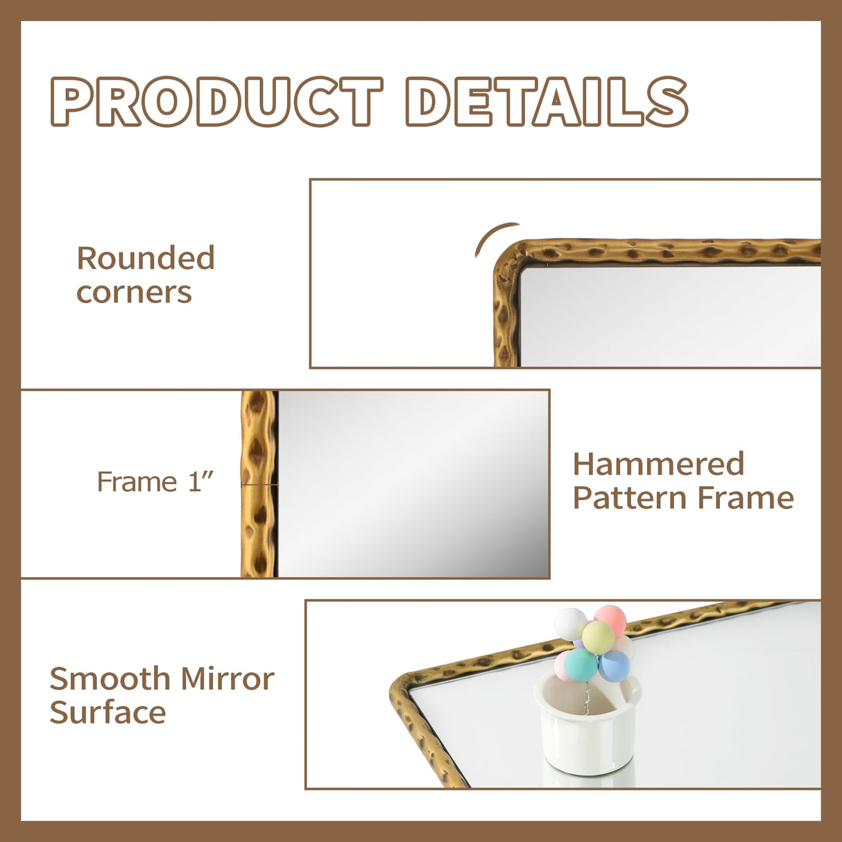 Rectangle Bathroom Mirror with Rounded Corner - Antique Gold Hammered Metal Frame 24x36