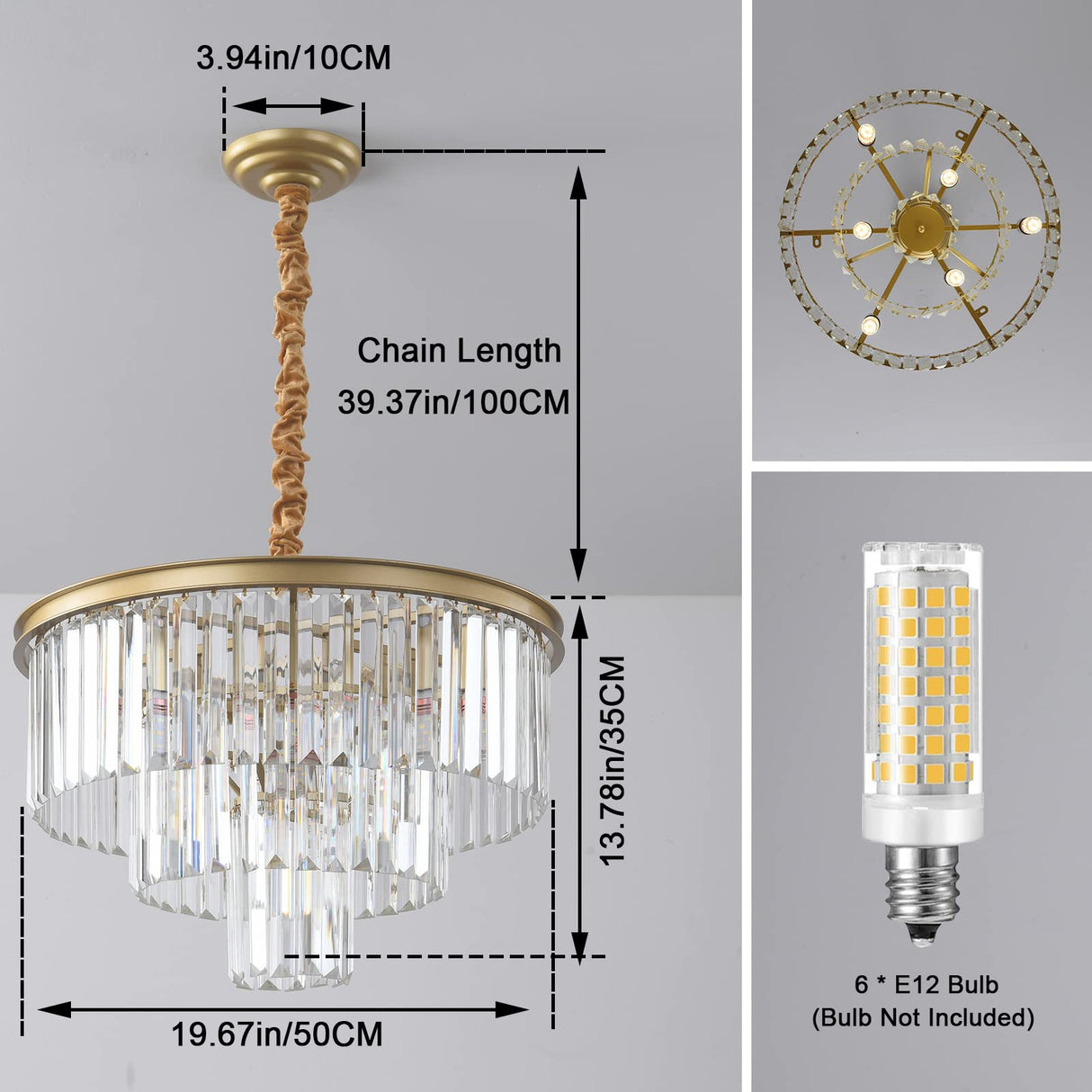 Gold Modern Crystal Chandelier, 3-Tier Round Flush Mount Ceiling Light Fixtures Height