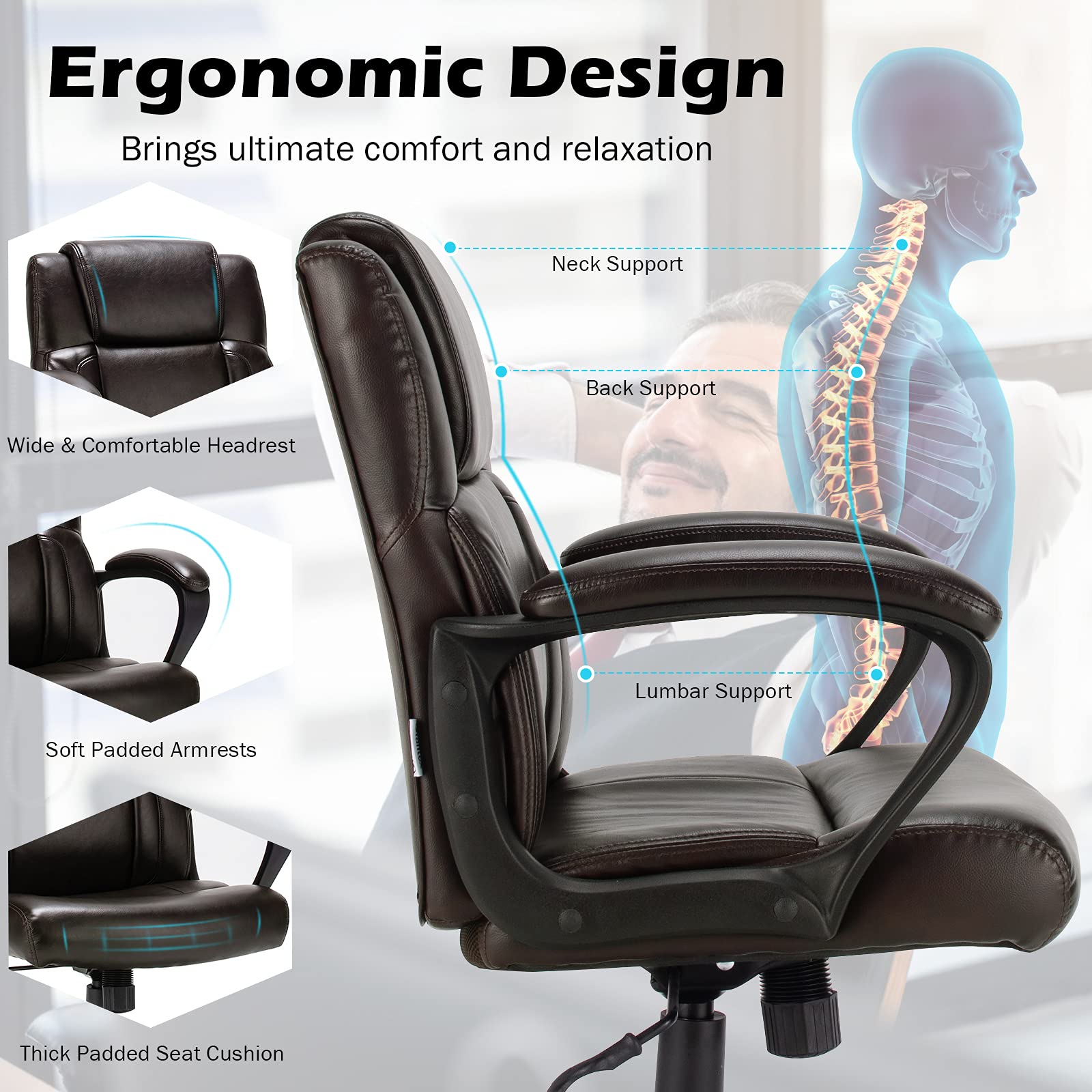 Ergonomic Mid Back Executive Chair - Brown Leather Office Chair with Adjustable Height