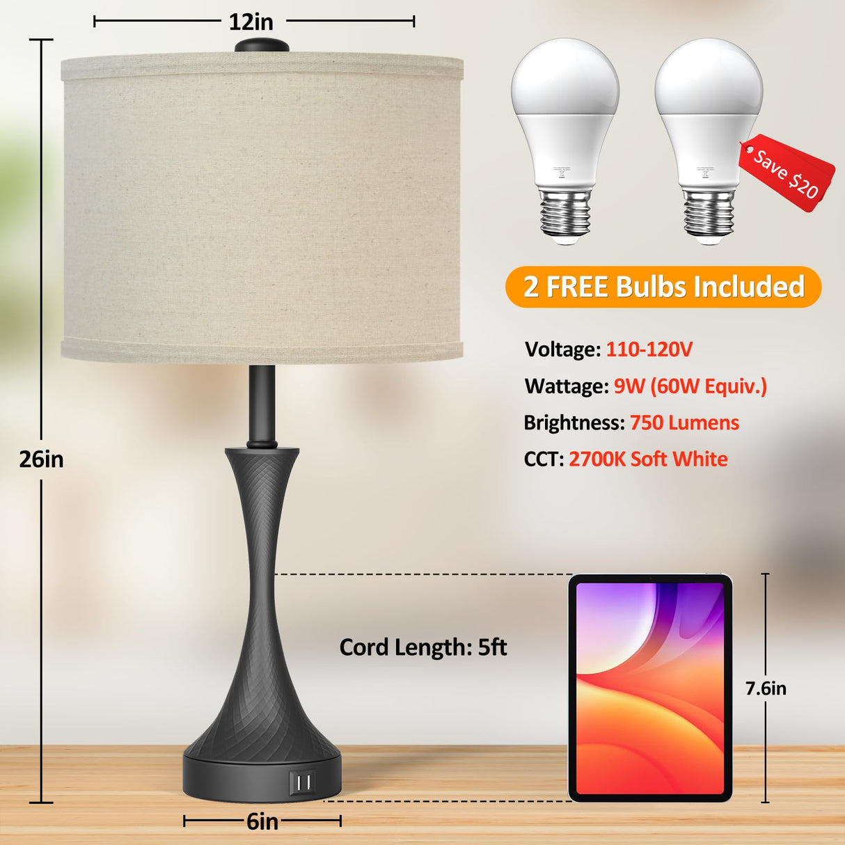 26" Farmhouse Black Touch Table Lamps Set of 2 with USB Ports