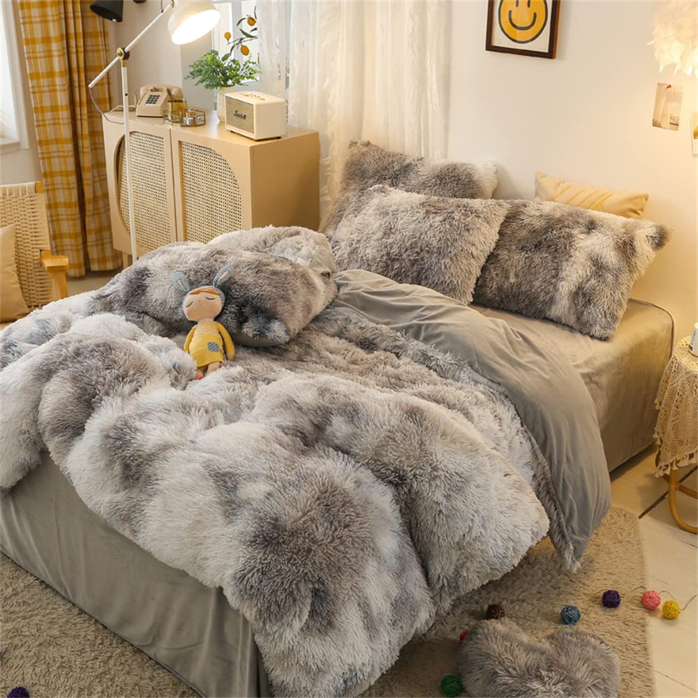 Faux Fur Tie-Dyed Black White Gray Colorful Comforter Cover Duvet Cover Queen