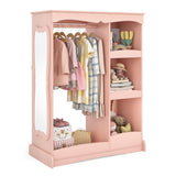 Kids Dress Up Storage with Flower Mirror, Open Hanging Closet Wardrobe for Children