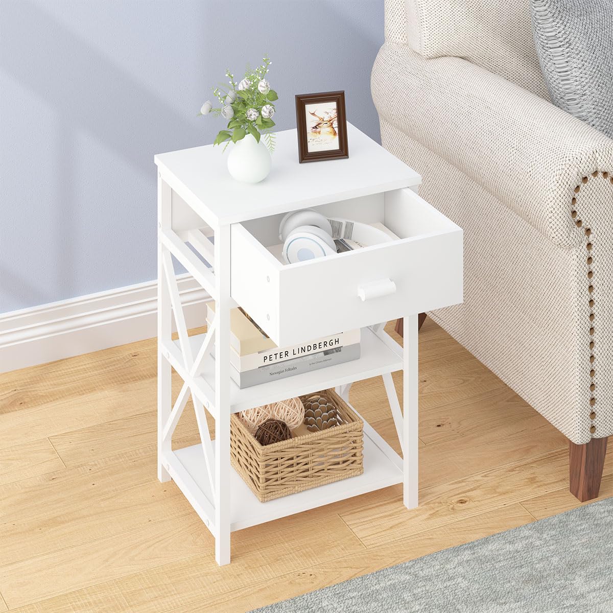 Modern White Nightstand, Narrow Small Night Stand Set 2 with Drawer, Skinny Cute Wood Metal Side Table