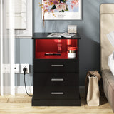 Black LED Nightstand with Charging Station, Side Table with 3 Drawers and Light, End