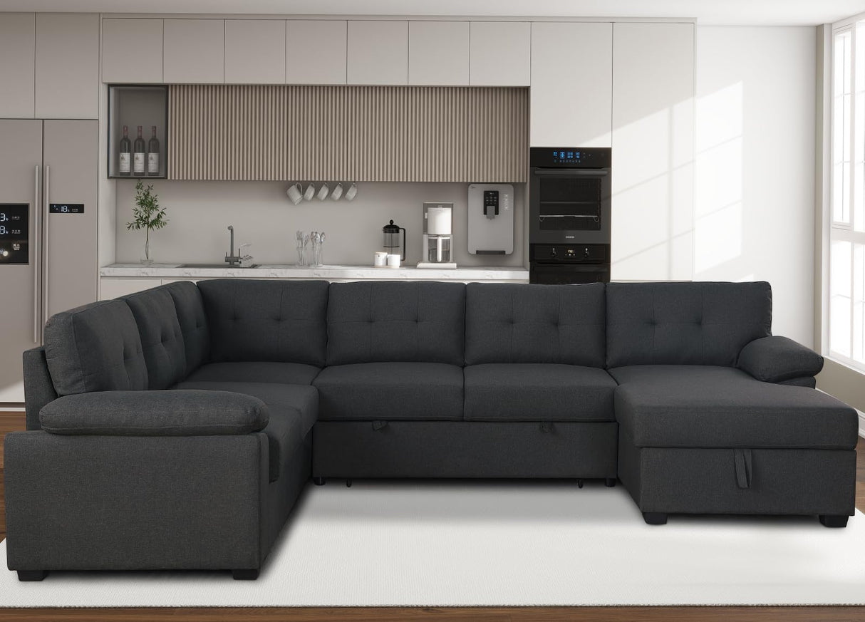 Sleeper Sofa Couch Modular Sectional Sofa Sleeper with Pull Out Bed 6 Seater Sleeper Couch with Storage U Shaped Sofa Bed Couch for Living Room, Dark Grey