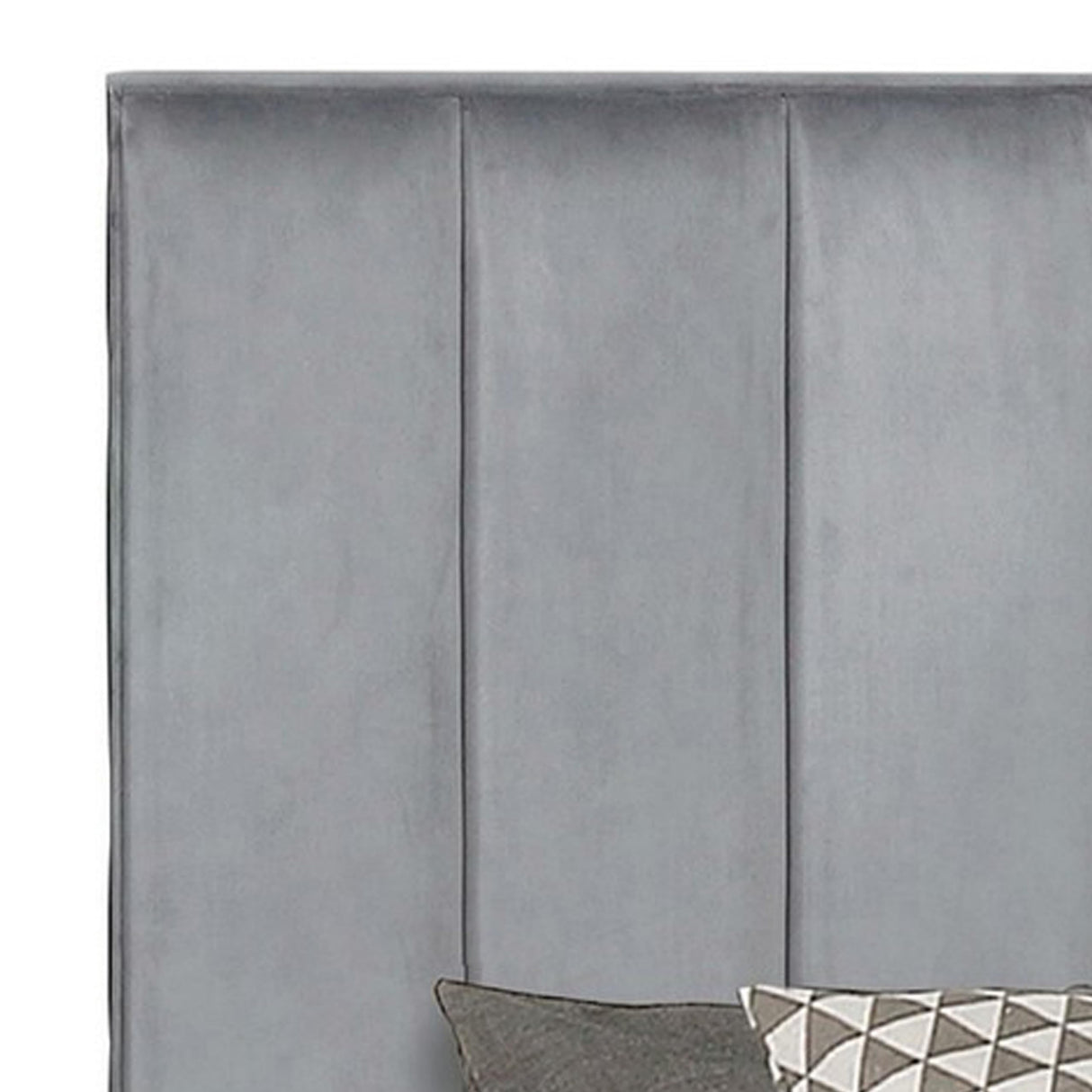 ESA Queen Panel Bed, Vertical Channeled Headboard, Velvet Upholstery, Gray and Black