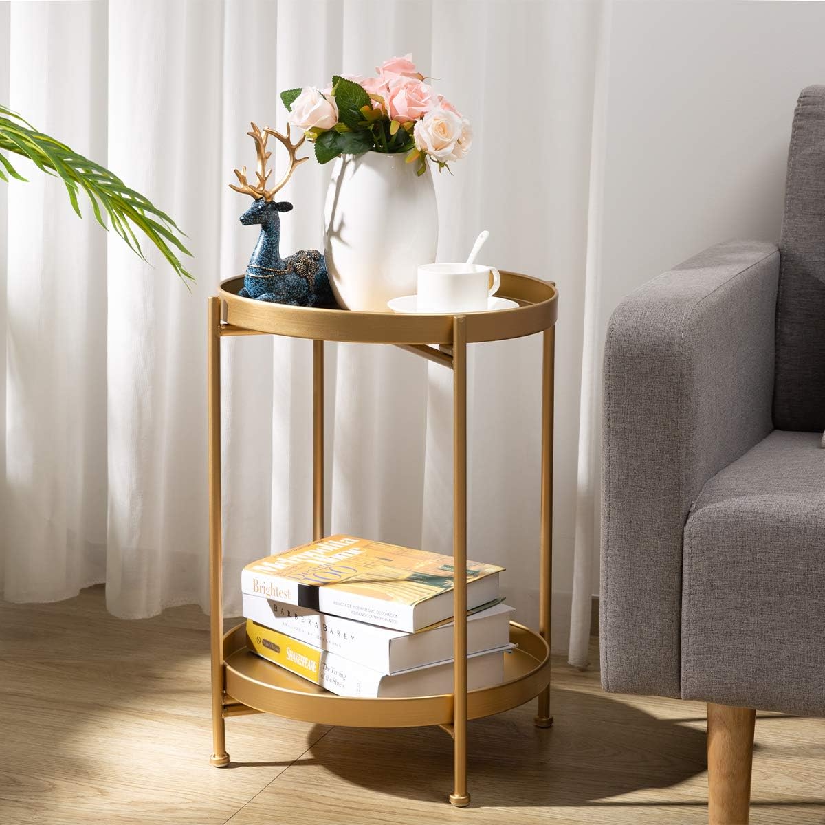 2-Tier Round Metal End Side Table, Accent Anti-Rust Waterproof Simplistic Sofa Table