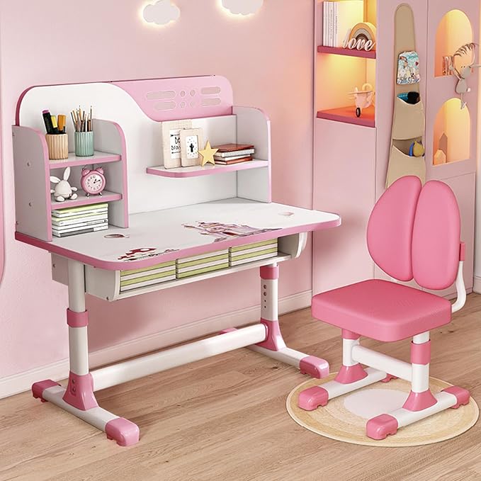 with Chair, Height Adjustable Kids Desk and Chair Set, Widened Children Desktop,