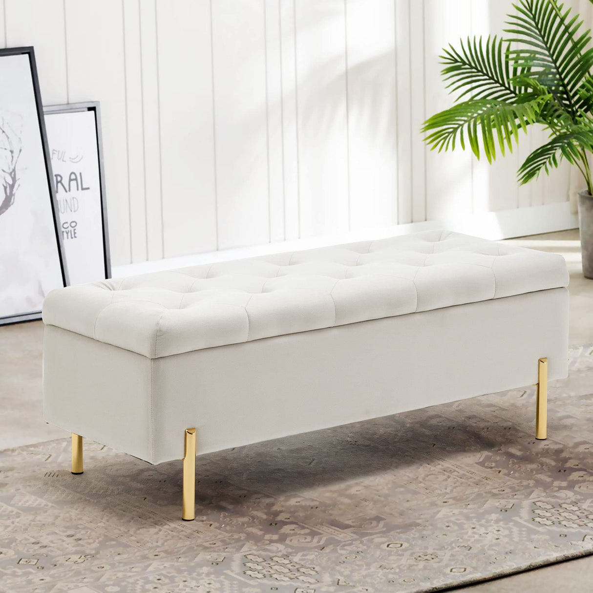 Velvet Storage Bench Bedroom End of Bed Upholstered Tufted Settee Bench for Living Room Entryway Rectangular Storage Ottoman Bench Ivory