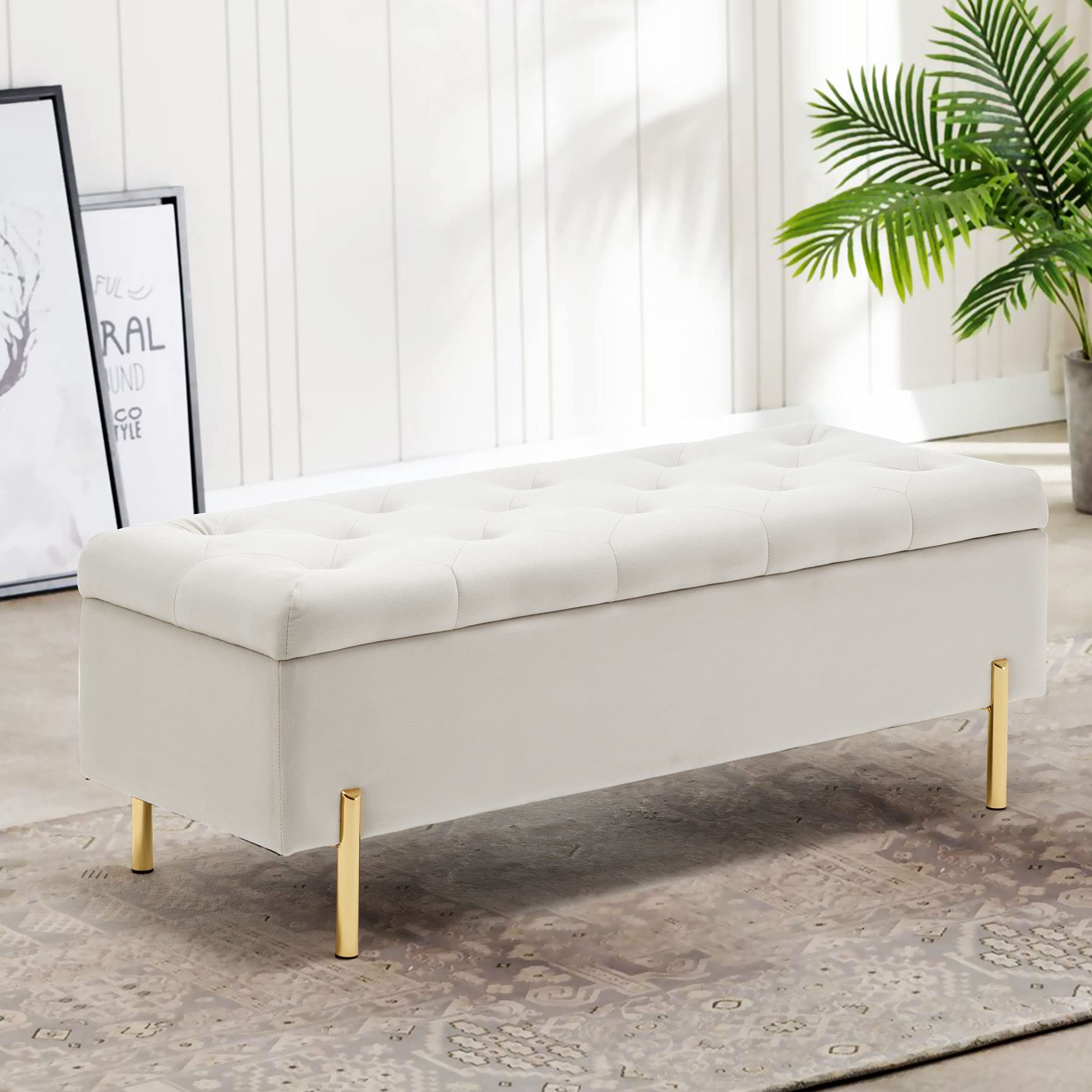 Velvet Storage Bench Bedroom End of Bed Upholstered Tufted Settee Bench