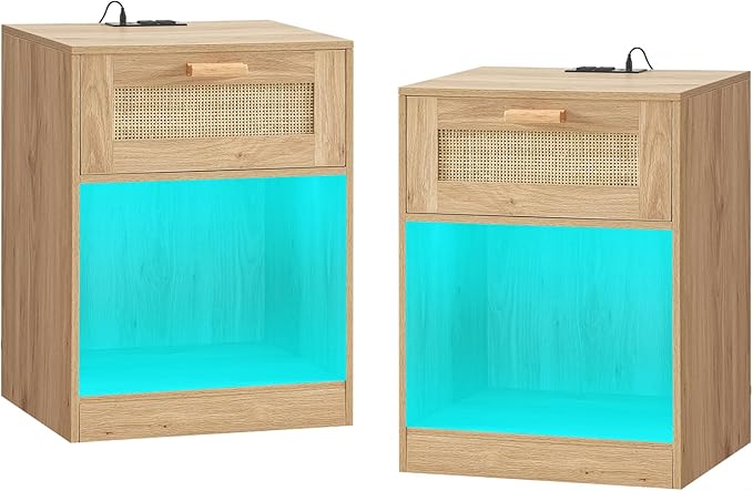 Rattan Nightstands Set of 2, Nightstands with Charging Station & LED Light, Night Stands